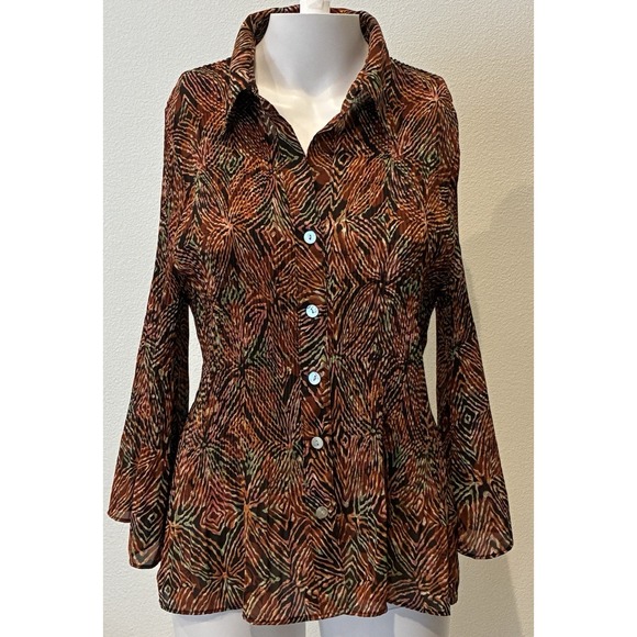 Sere Nade New York Tops - Sere Nade New York Accordion‎ Pleated Flare Sleeve Blouse Sz L Brown Geo Office